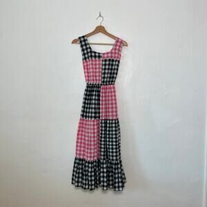 Rujuta Sheth – Gema Dress Pink + Black Gingham Patchwork Pinafore Midi NWT